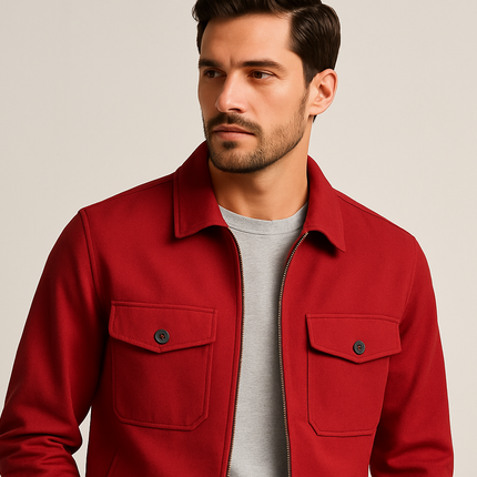 Men wearing a stylish red jacket and grey colored round neck t-shirts 