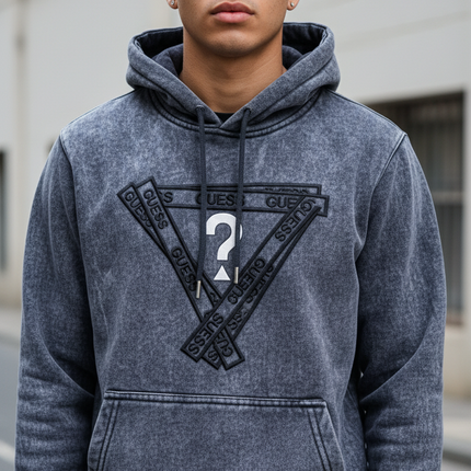 GUESS Men’s Vintage Wash Logo Hoodie –Charcoal Blue