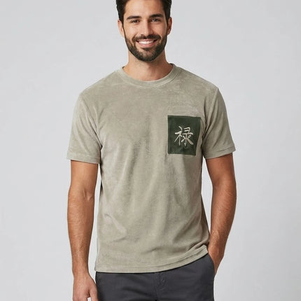 Suede Feel Shoulder-Drop T-Shirt with Embroidered Kanji Pocket – Premium Casual Wear for Men