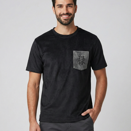Black Suede Feel T-Shirt with Embroidered Kanji Pocket – Premium Casual Wear for Men