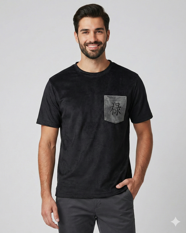 Black Suede Feel T-Shirt with Embroidered Kanji Pocket – Premium Casual Wear for Men
